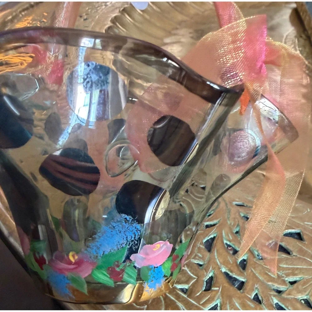 MacKenzie Childs Circus Collection Glass Basket Handpainted Ruffled Floral Bow